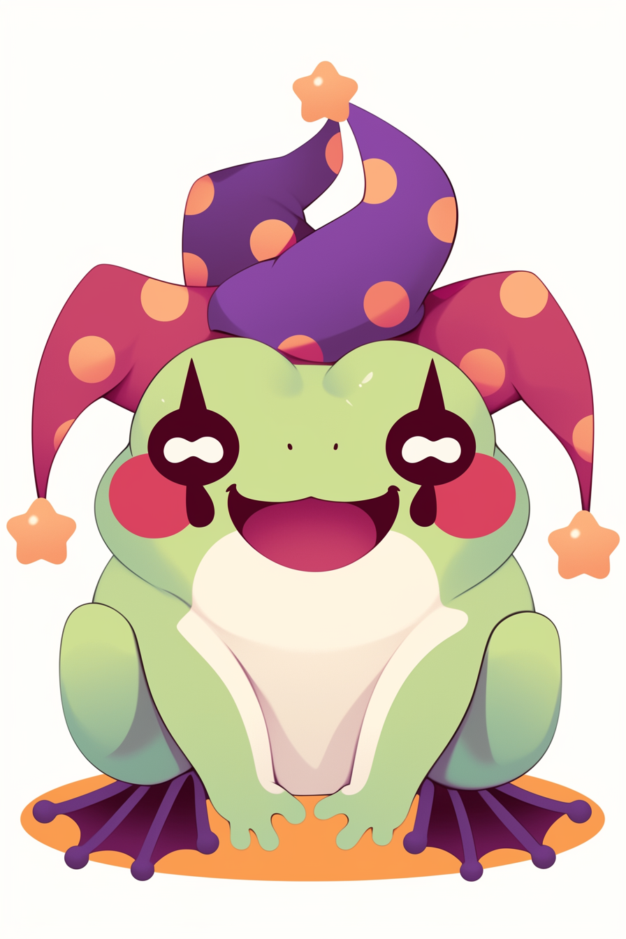 halloween frog drawing ideas 2 featuring a jolly frog dressed as a scary clown with a colorful jester hat, big red cheeks, and playful eyes.